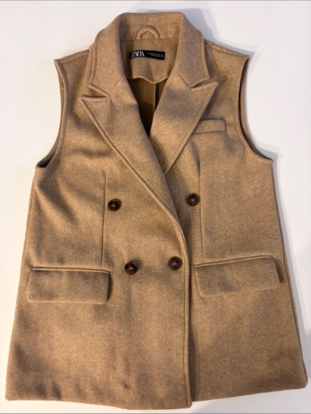 ZARA XS CAMEL DOUBLE BREASTED LONGLINE BLAZER VEST TAILORED SLEEVELESS